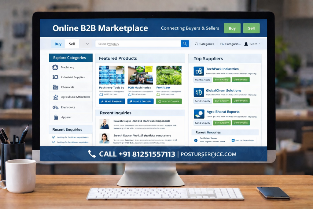 Online B2B marketplace connecting buyers and sellers with business listings and supplier profiles; B2B classified website showing suppliers, products, and business inquiries; online B2B platform connecting manufacturers, suppliers, and buyers. Digital B2B marketplace dashboard for buying and selling business services