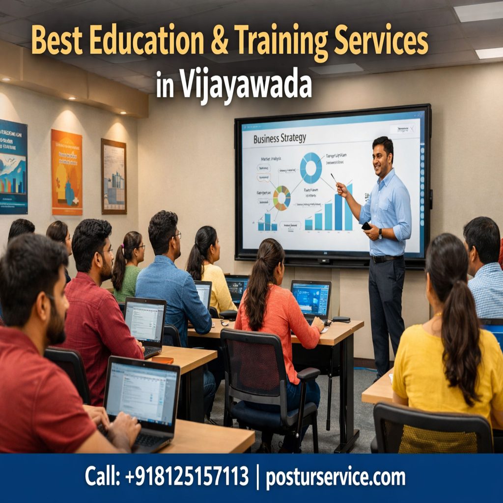 Modern education and training classroom in Vijayawada with students learning on laptops. Best education and training services in Vijayawada.