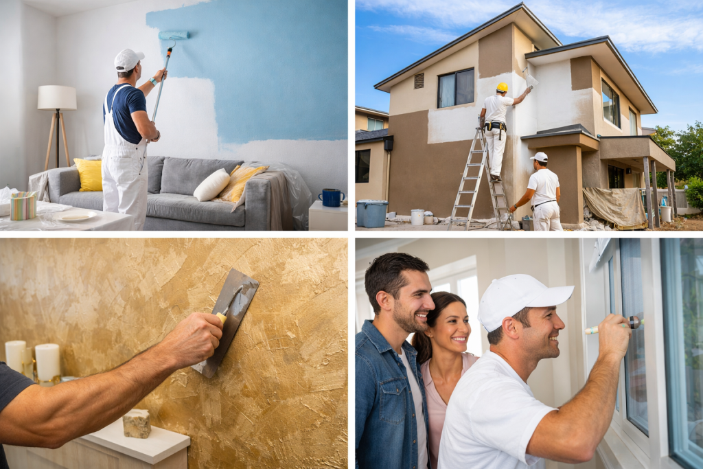 Interior wall painting for modern Vijayawada homes, professional home painting services in Vijayawada, and texture wall painting designs in Vijayawada. Exterior house painting with weatherproof paint, Home painting services