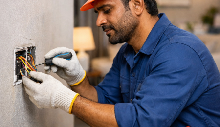 electrician repairing wiring in Vijayawada home, electrical services
