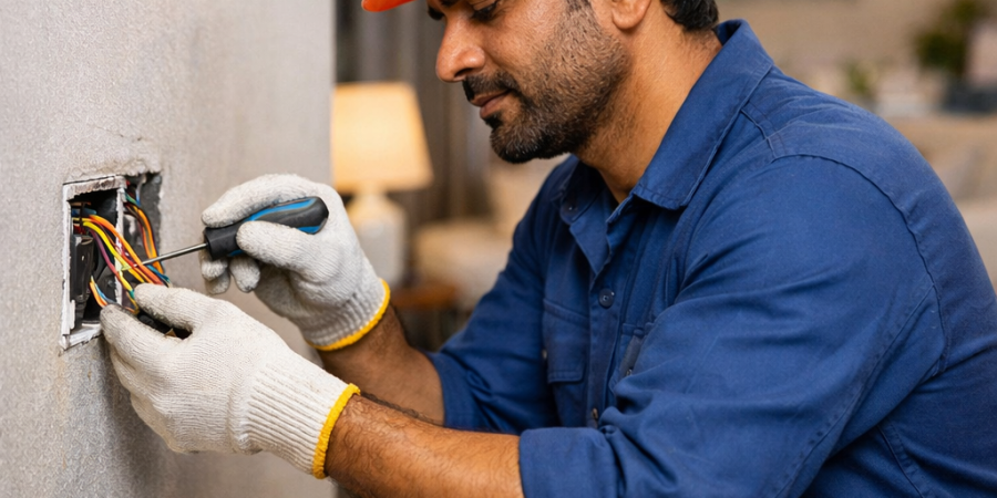 electrician repairing wiring in Vijayawada home, electrical services