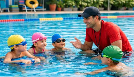 Kids attending swimming classes in Vijayawada with a professional coach.
