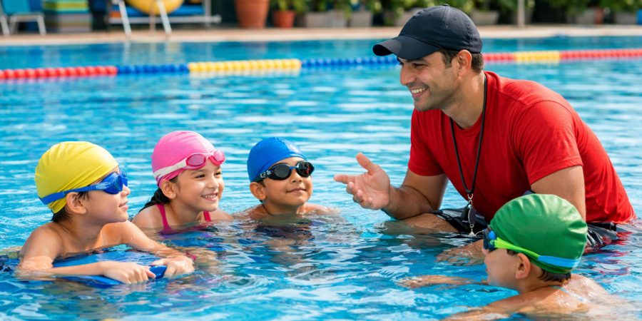 Kids attending swimming classes in Vijayawada with a professional coach.