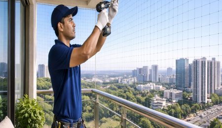 Modern high-rise apartment balcony with transparent safety net installed in Hyderabad, clear blue sky and city skyline view