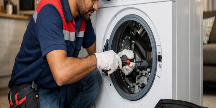 same-day washing machine repair in Hyderabad technician repairing front load washer